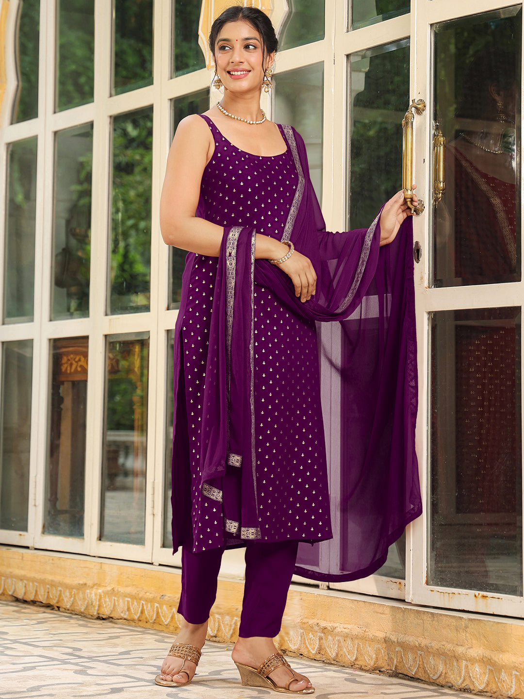 Janasya Dark Rayon Foil Print Straight Kurta Set | Swadesiicart