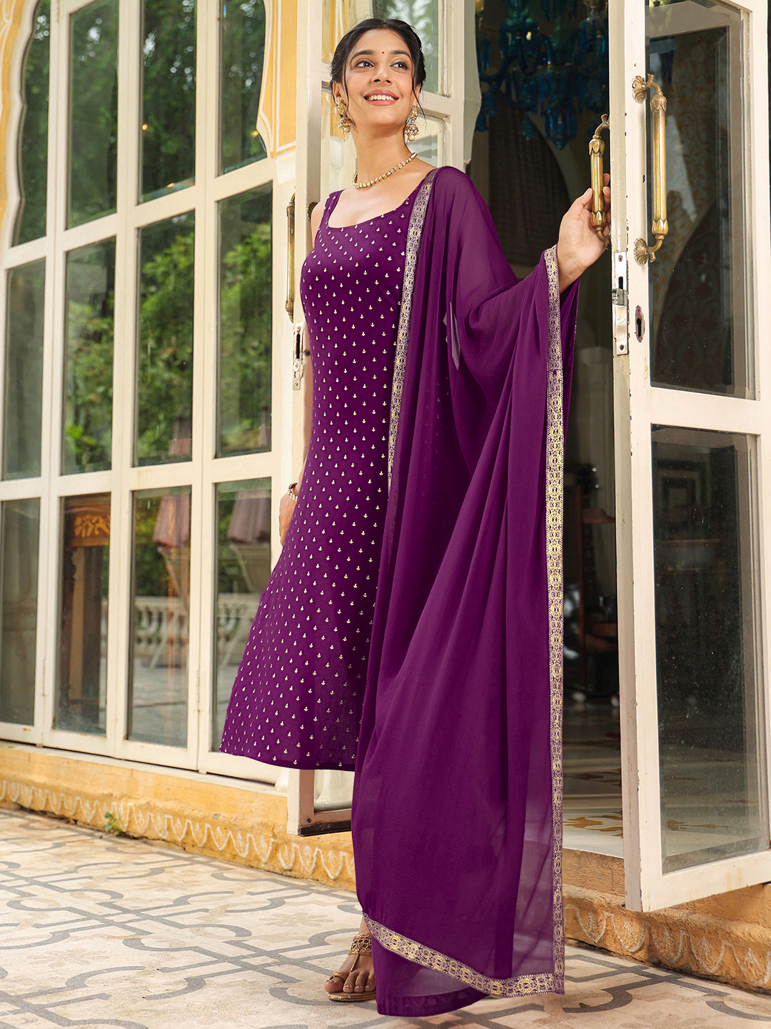 Janasya Dark Rayon Foil Print Straight Kurta Set | Swadesiicart