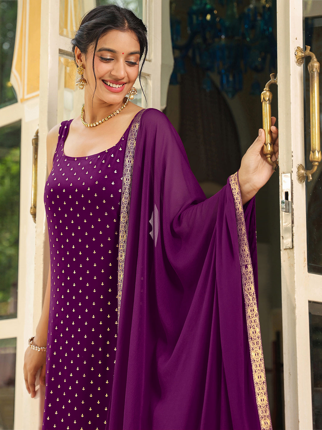 Janasya Dark Rayon Foil Print Straight Kurta Set | Swadesiicart