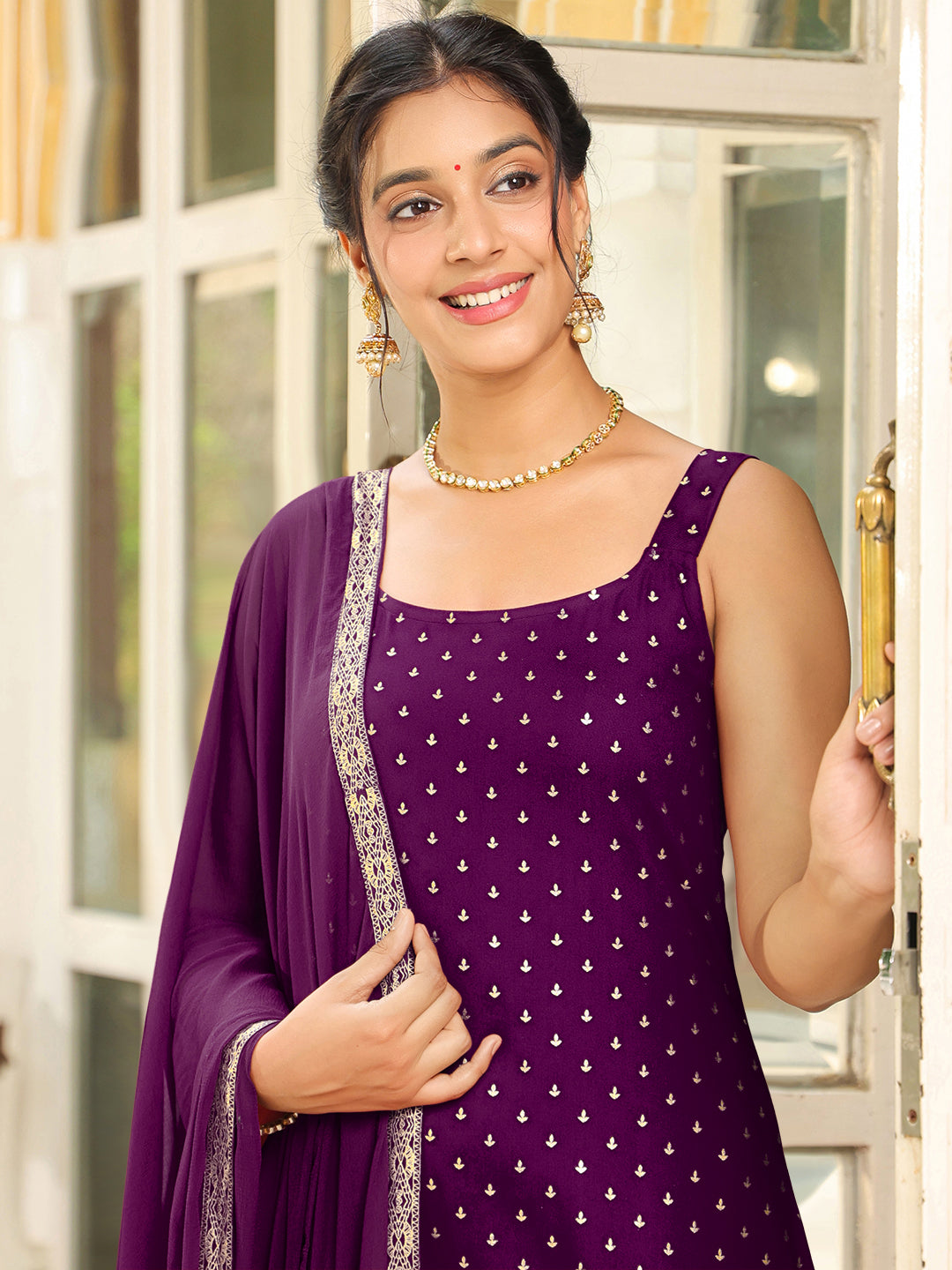 Janasya Dark Rayon Foil Print Straight Kurta Set | Swadesiicart