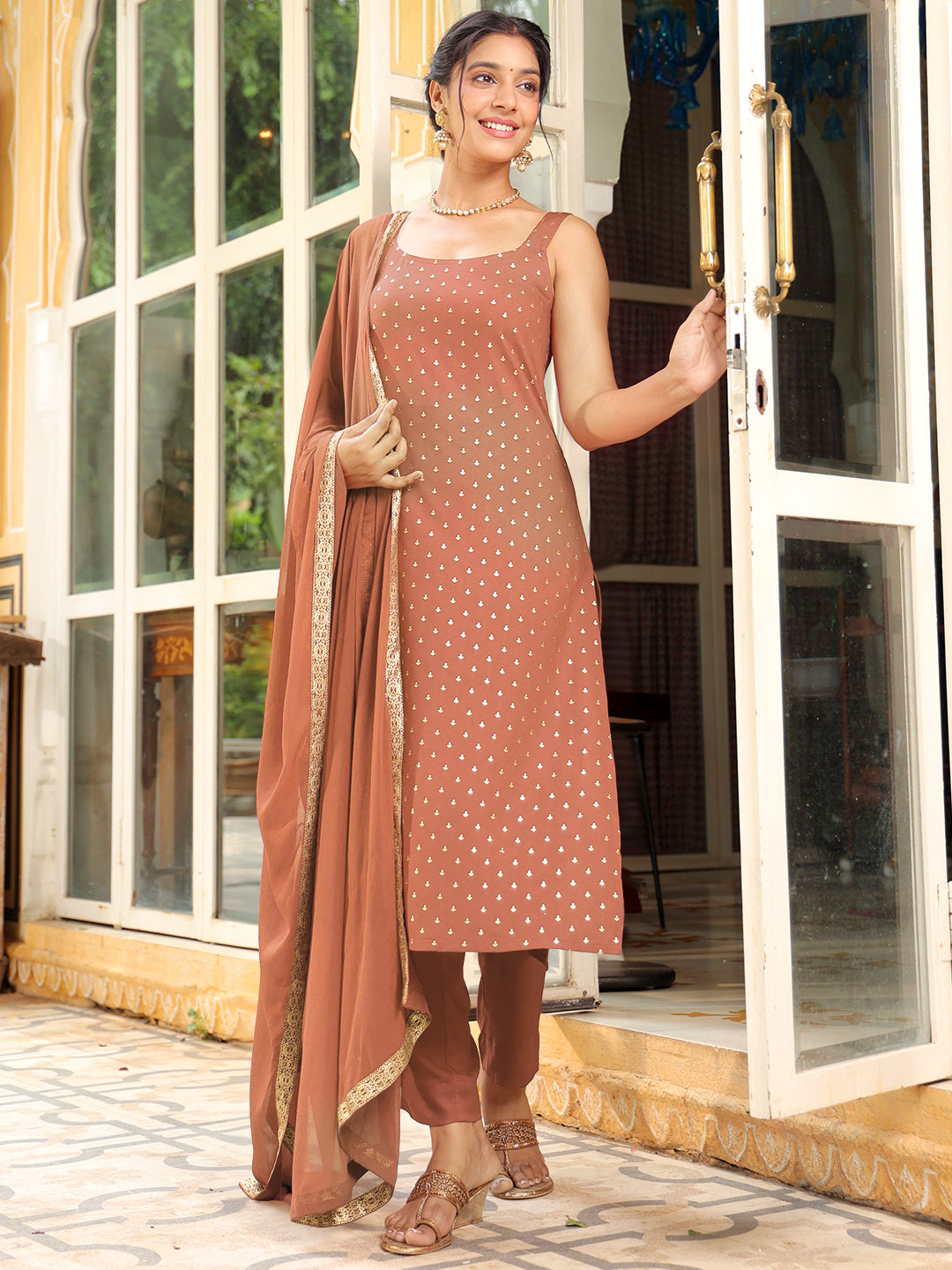 Janasya Dark Rayon Foil Print Straight Kurta Set | Swadesiicart