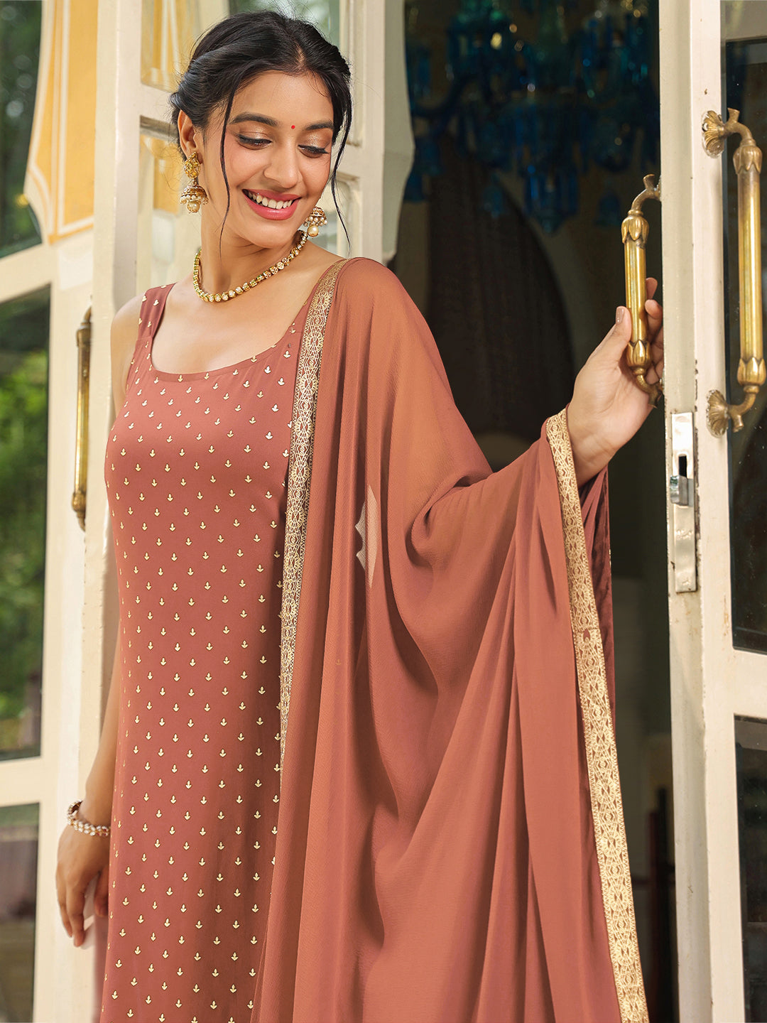 Janasya Dark Rayon Foil Print Straight Kurta Set | Swadesiicart