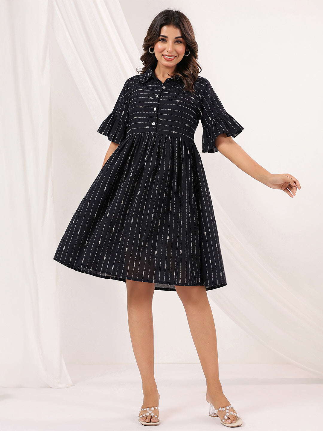 Janasya Dark Cotton Striped A-Line Dress | Swadesiicart