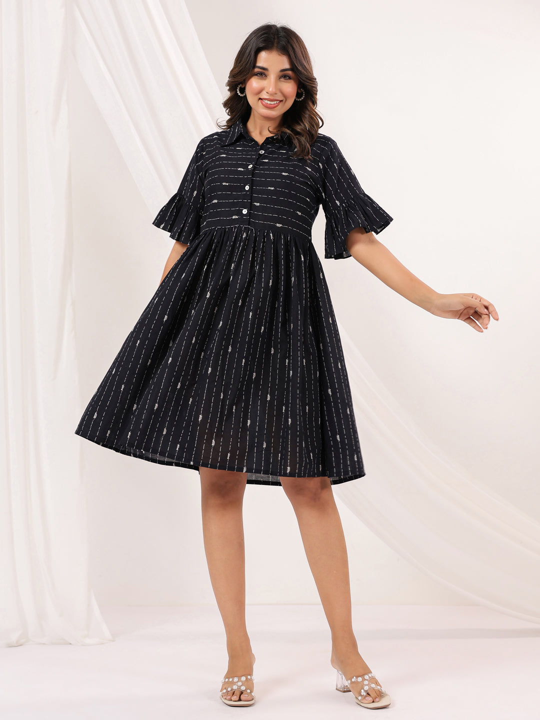 Janasya Dark Cotton Striped A-Line Dress | Swadesiicart