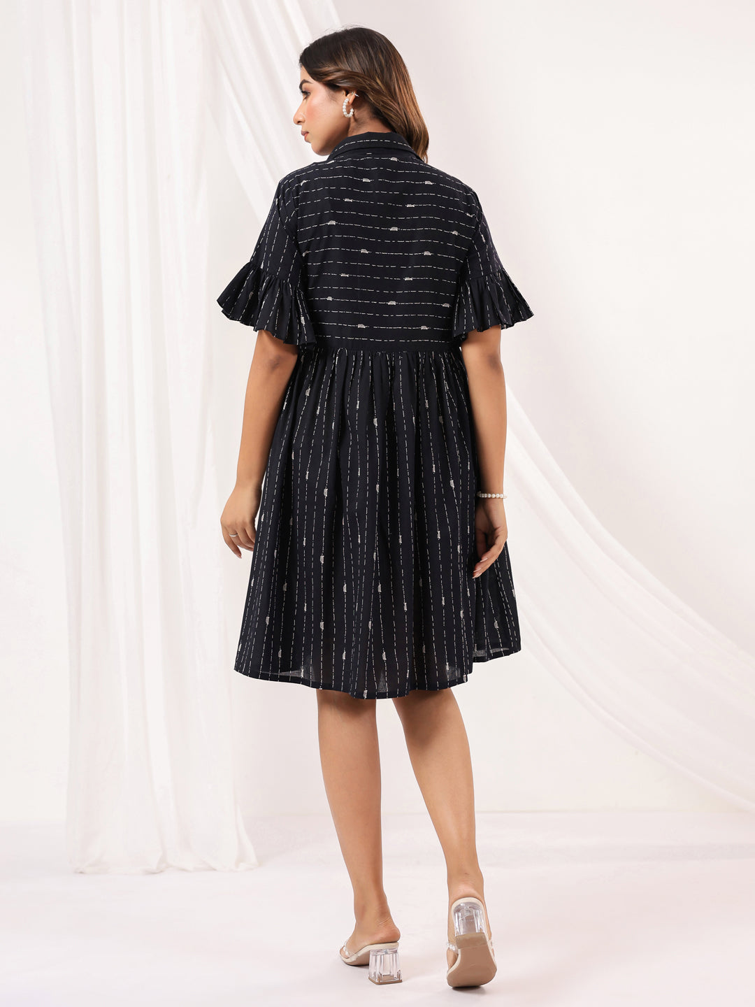 Janasya Dark Cotton Striped A-Line Dress | Swadesiicart