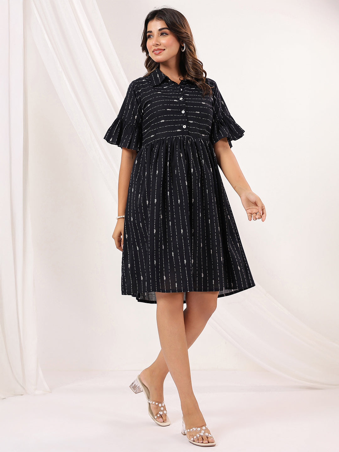 Janasya Dark Cotton Striped A-Line Dress | Swadesiicart