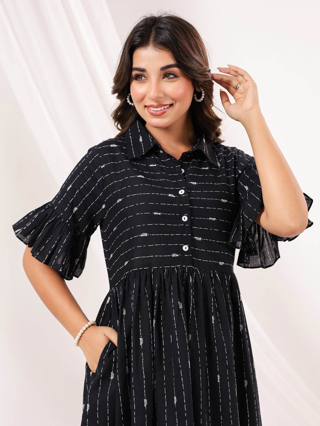 Janasya Dark Cotton Striped A-Line Dress | Swadesiicart
