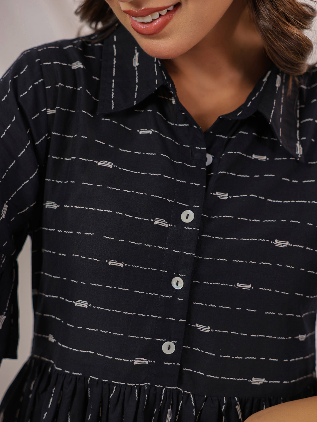 Janasya Dark Cotton Striped A-Line Dress | Swadesiicart