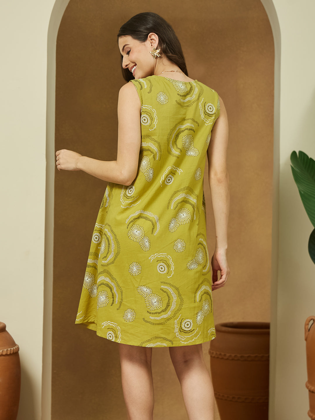 Janasya Dark Cotton Abstract A-Line Dress | Swadesiicart