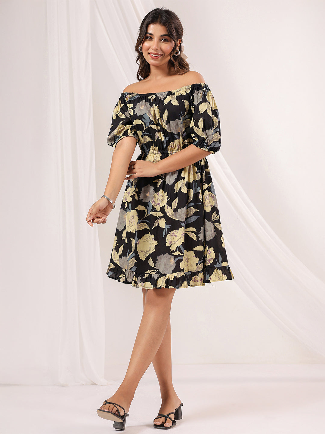 Janasya Dark Cotton Floral A-Line Dress | Swadesiicart