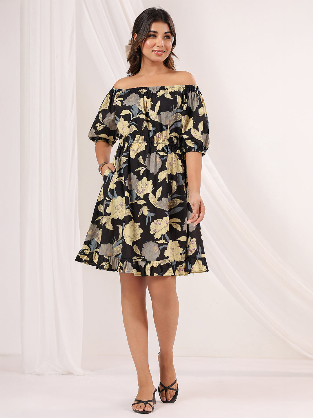 Janasya Dark Cotton Floral A-Line Dress | Swadesiicart