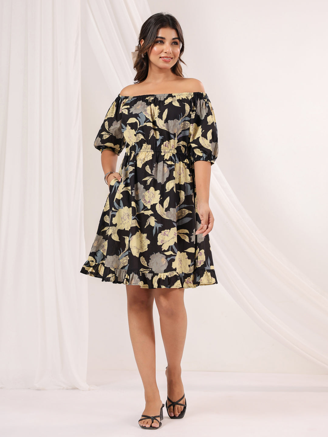 Janasya Dark Cotton Floral A-Line Dress | Swadesiicart