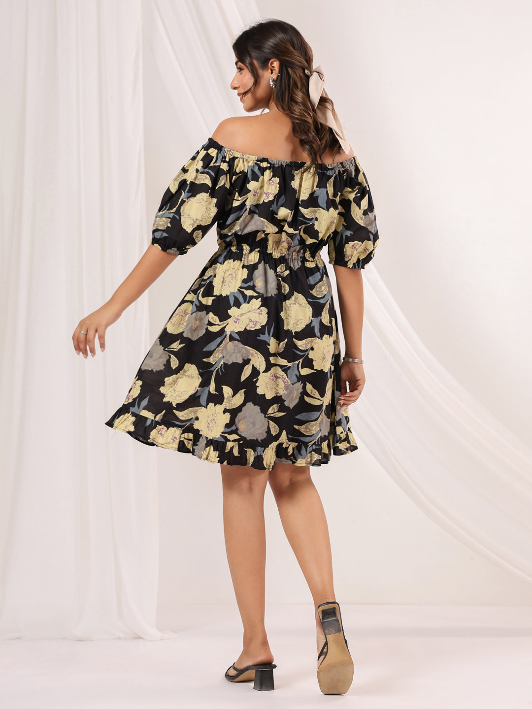 Janasya Dark Cotton Floral A-Line Dress | Swadesiicart