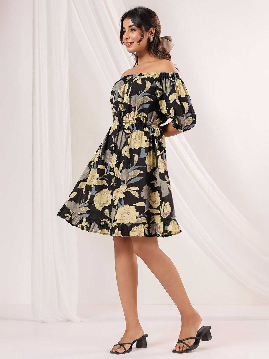 Janasya Dark Cotton Floral A-Line Dress | Swadesiicart
