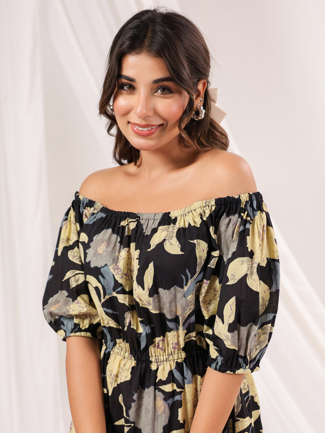 Janasya Dark Cotton Floral A-Line Dress | Swadesiicart