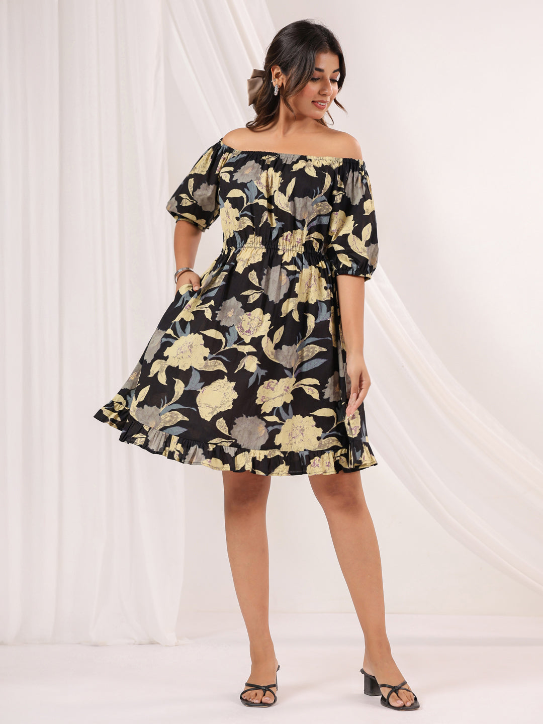 Janasya Dark Cotton Floral A-Line Dress | Swadesiicart