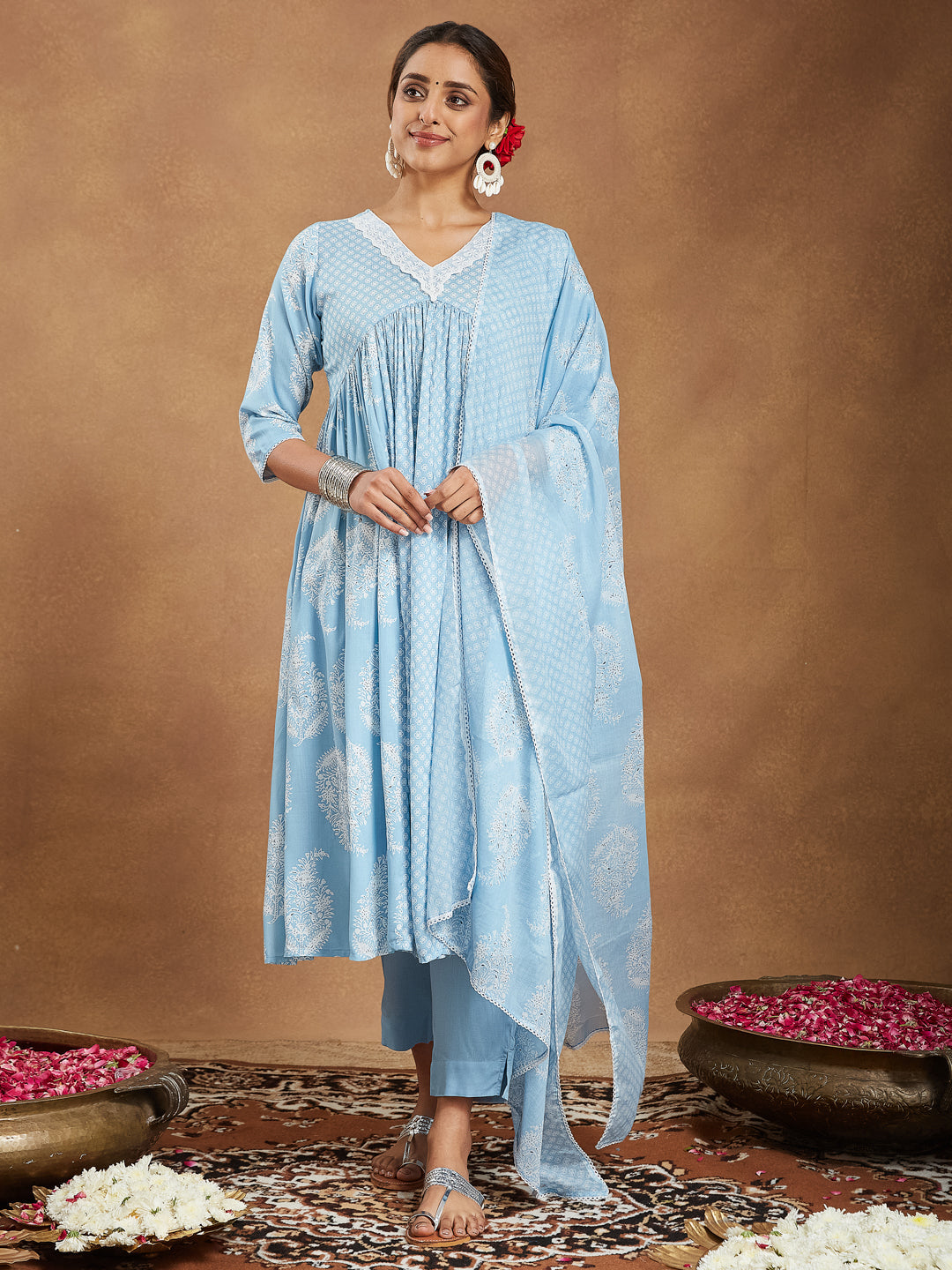 Janasya Light Rayon Ethnic Motifs A-Line Kurta Set | Swadesiicart