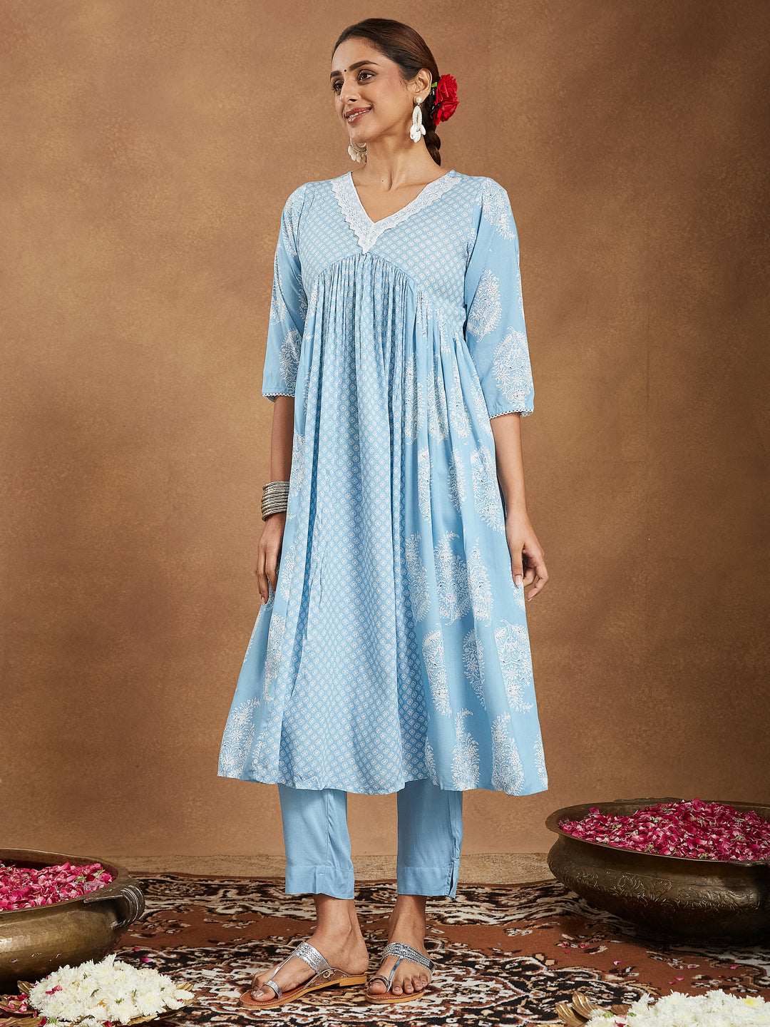 Janasya Light Rayon Ethnic Motifs A-Line Kurta Set | Swadesiicart