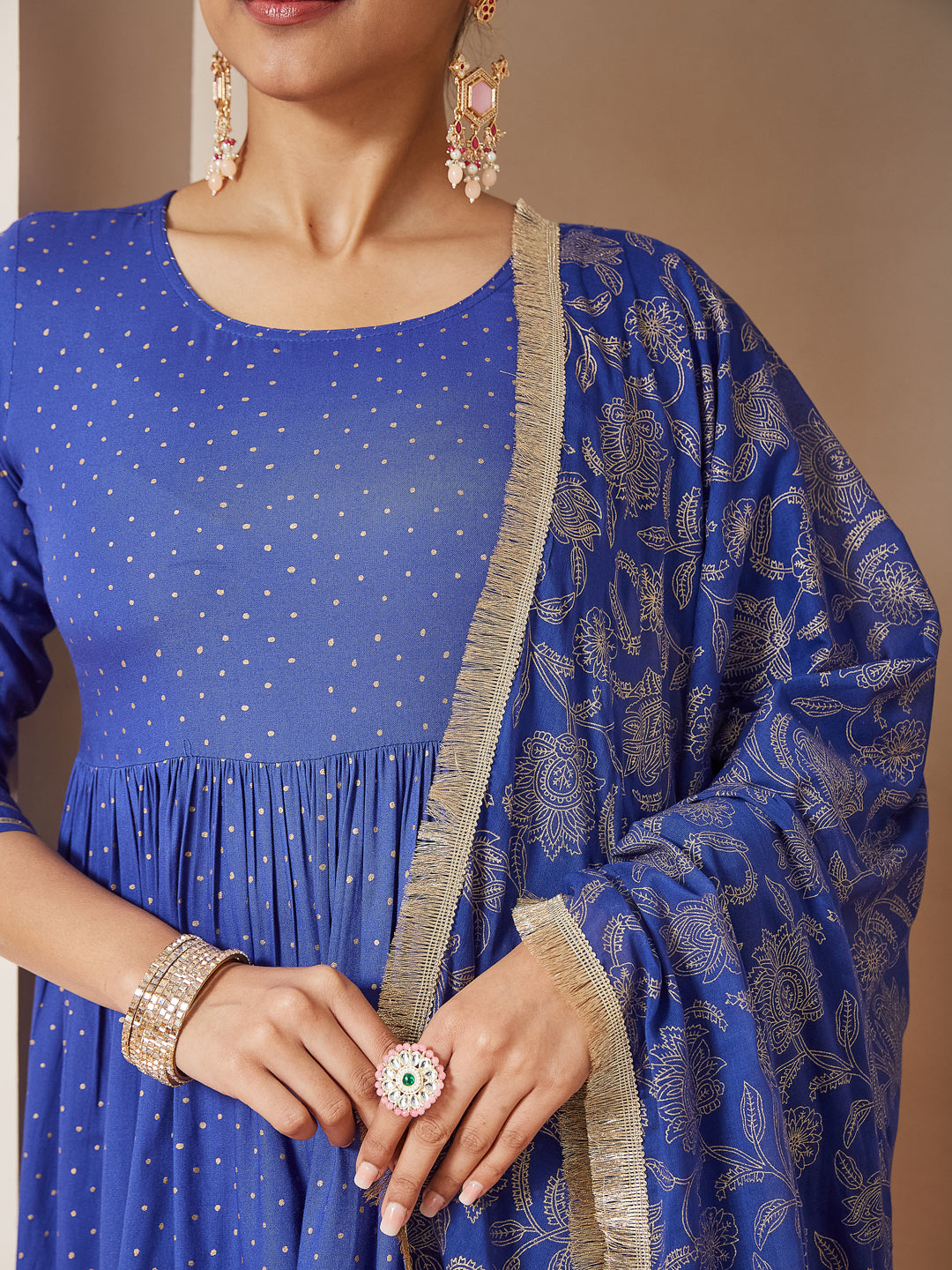Janasya Dark Cotton Foil Print A-Line Kurta Set | Swadesiicart