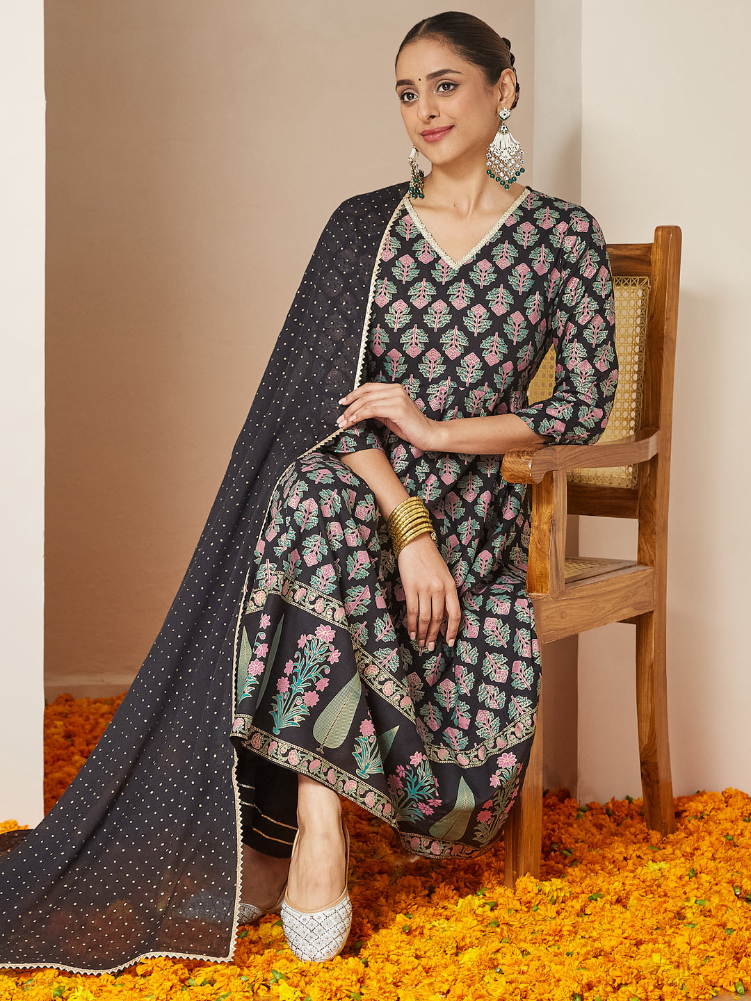 Janasya Dark Rayon Ethnic Motifs A-Line Kurta Set | Swadesiicart