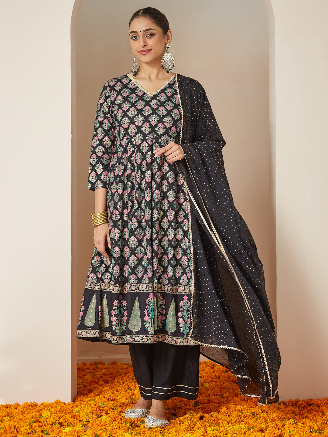 Janasya Dark Rayon Ethnic Motifs A-Line Kurta Set | Swadesiicart