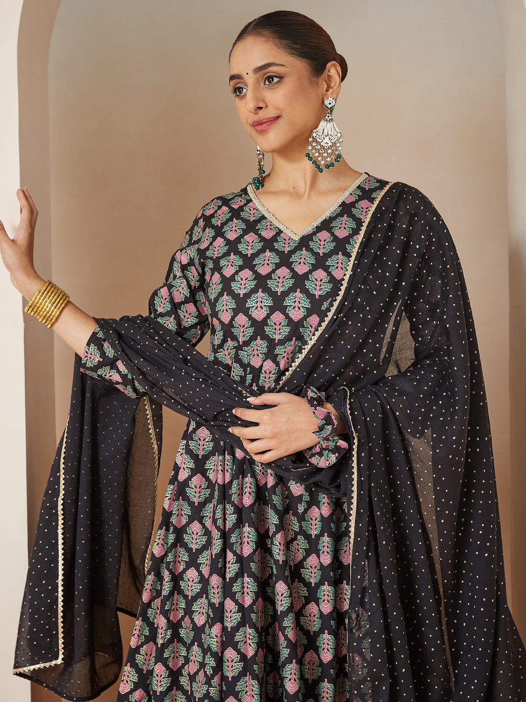 Janasya Dark Rayon Ethnic Motifs A-Line Kurta Set | Swadesiicart