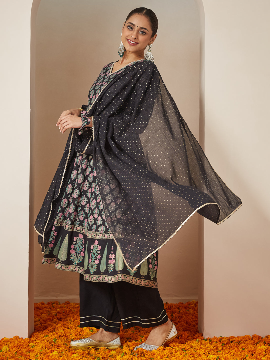 Janasya Dark Rayon Ethnic Motifs A-Line Kurta Set | Swadesiicart