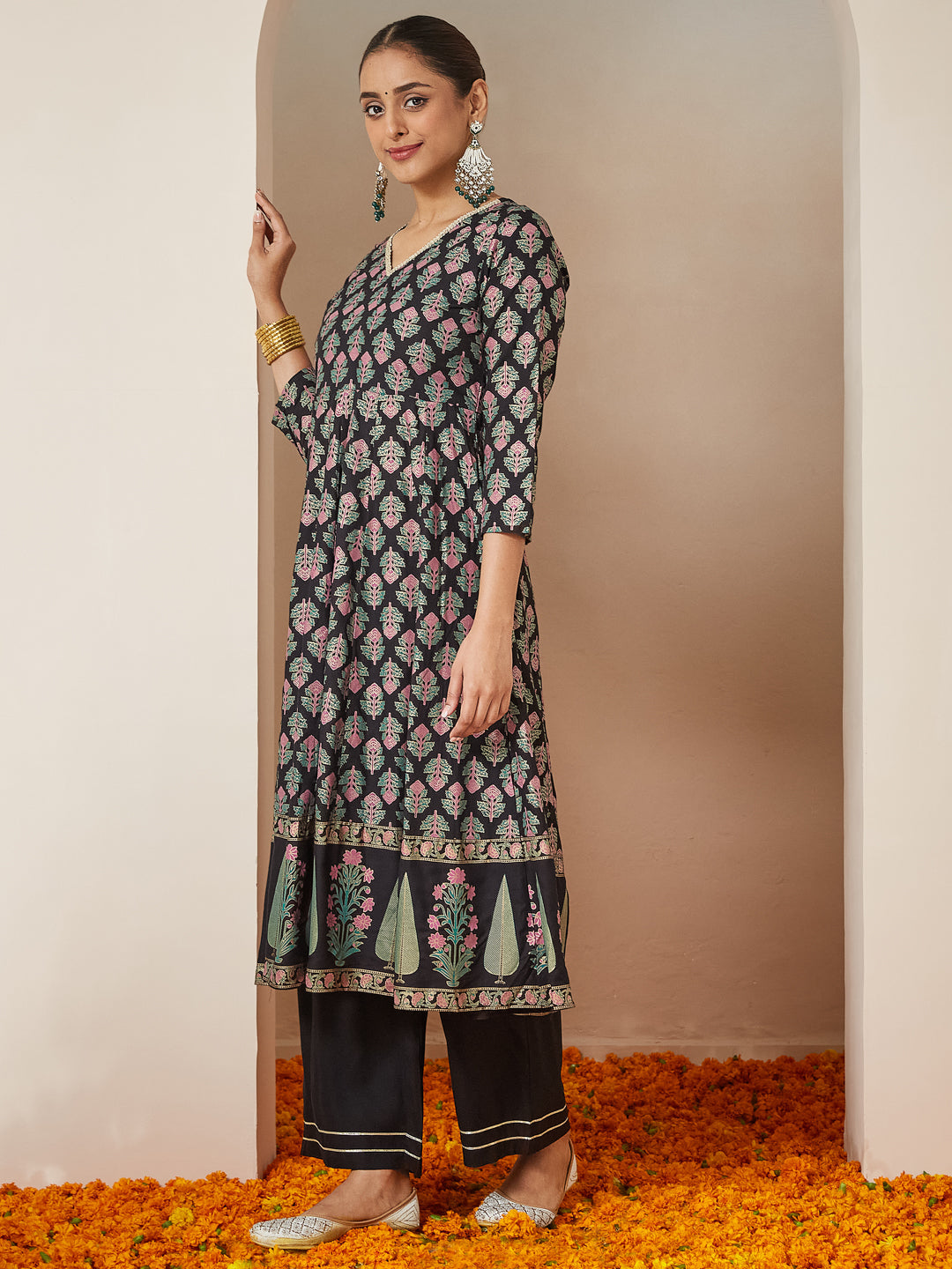 Janasya Dark Rayon Ethnic Motifs A-Line Kurta Set | Swadesiicart
