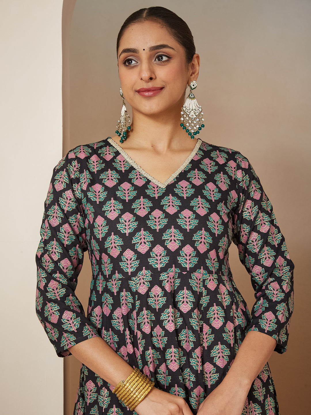 Janasya Dark Rayon Ethnic Motifs A-Line Kurta Set | Swadesiicart