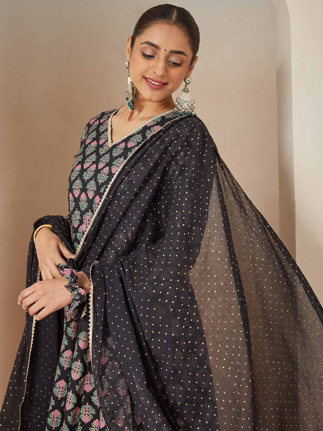 Janasya Dark Rayon Ethnic Motifs A-Line Kurta Set | Swadesiicart