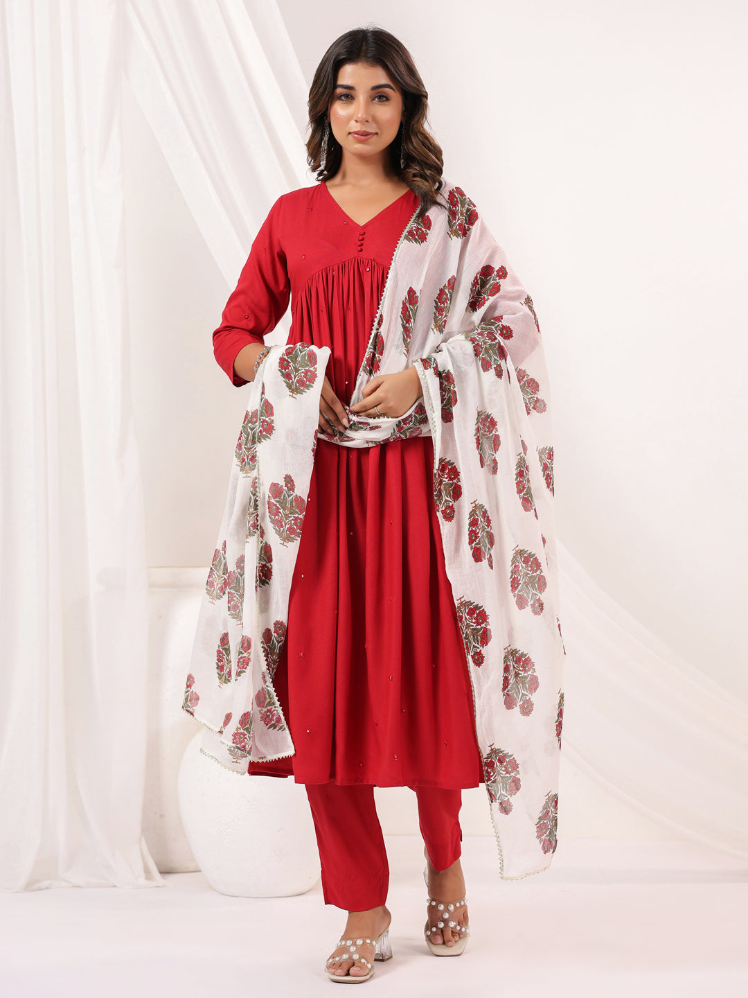 Janasya Dark Rayon Embellished A-Line Kurta Set | Swadesiicart