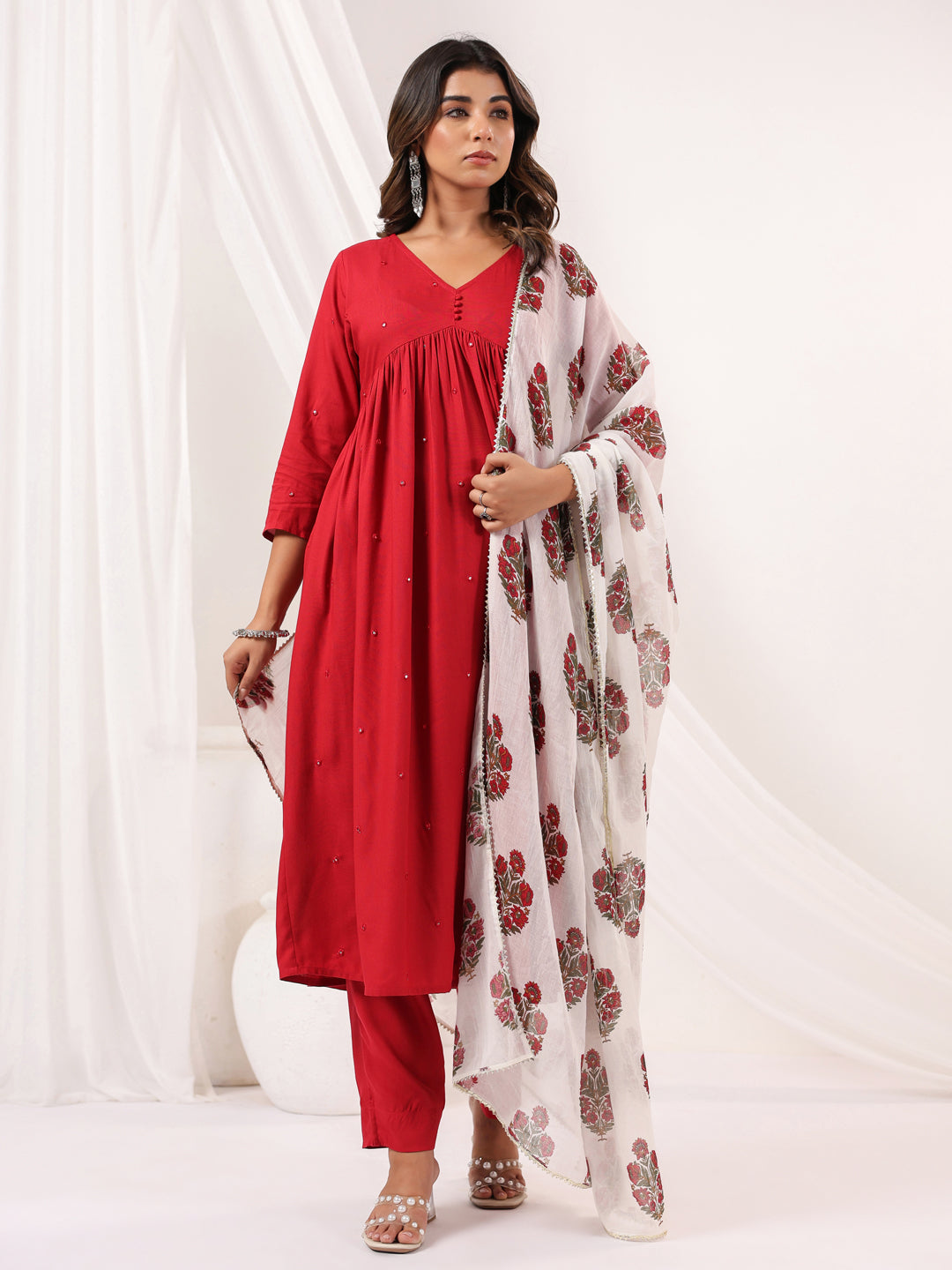 Janasya Dark Rayon Embellished A-Line Kurta Set | Swadesiicart