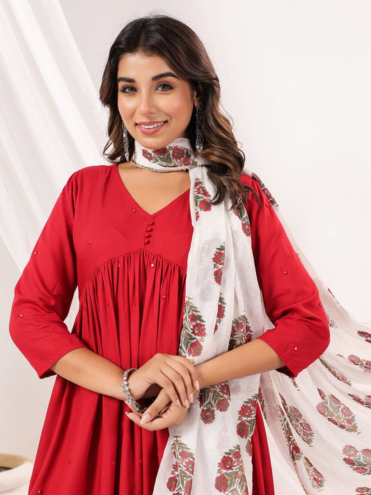Janasya Dark Rayon Embellished A-Line Kurta Set | Swadesiicart