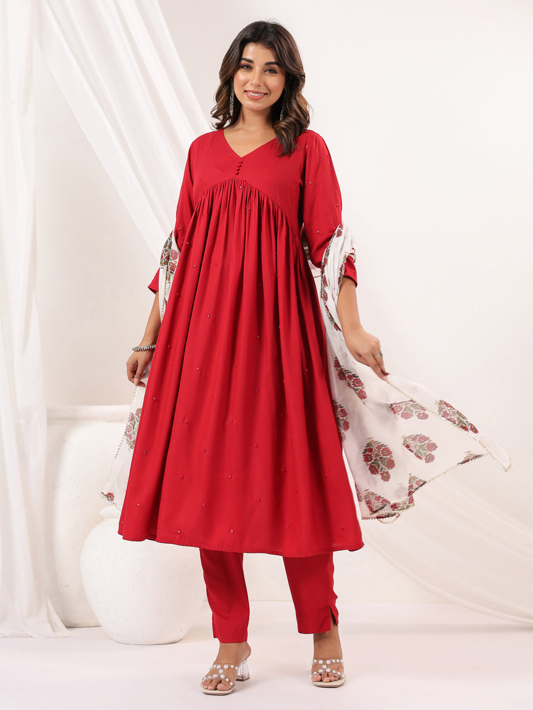 Janasya Dark Rayon Embellished A-Line Kurta Set | Swadesiicart