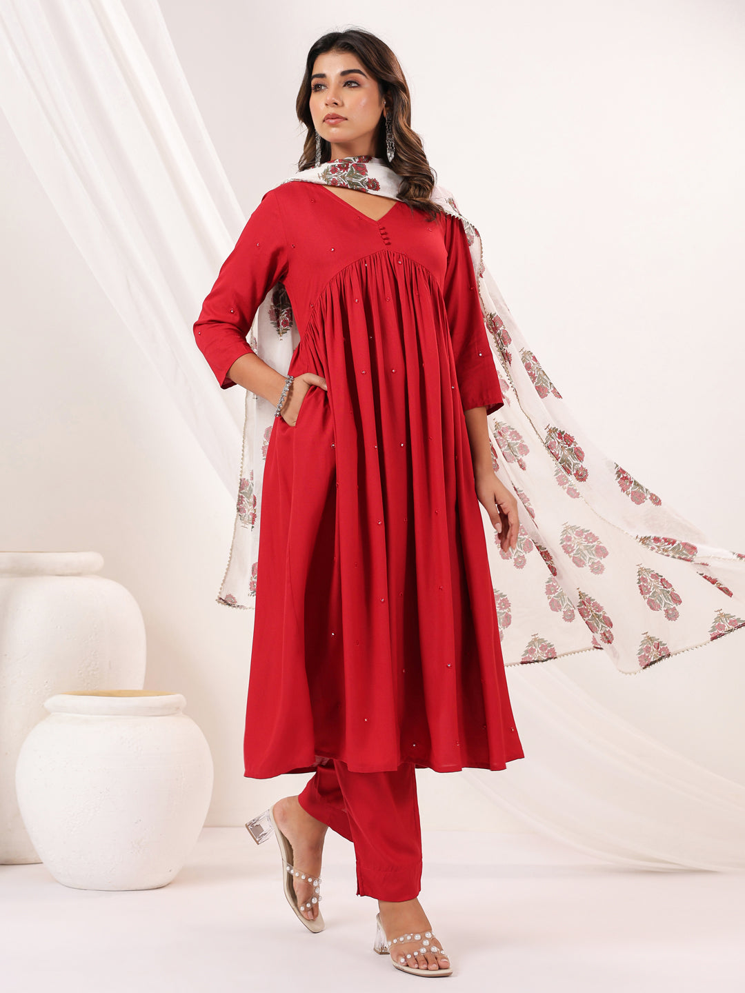 Janasya Dark Rayon Embellished A-Line Kurta Set | Swadesiicart