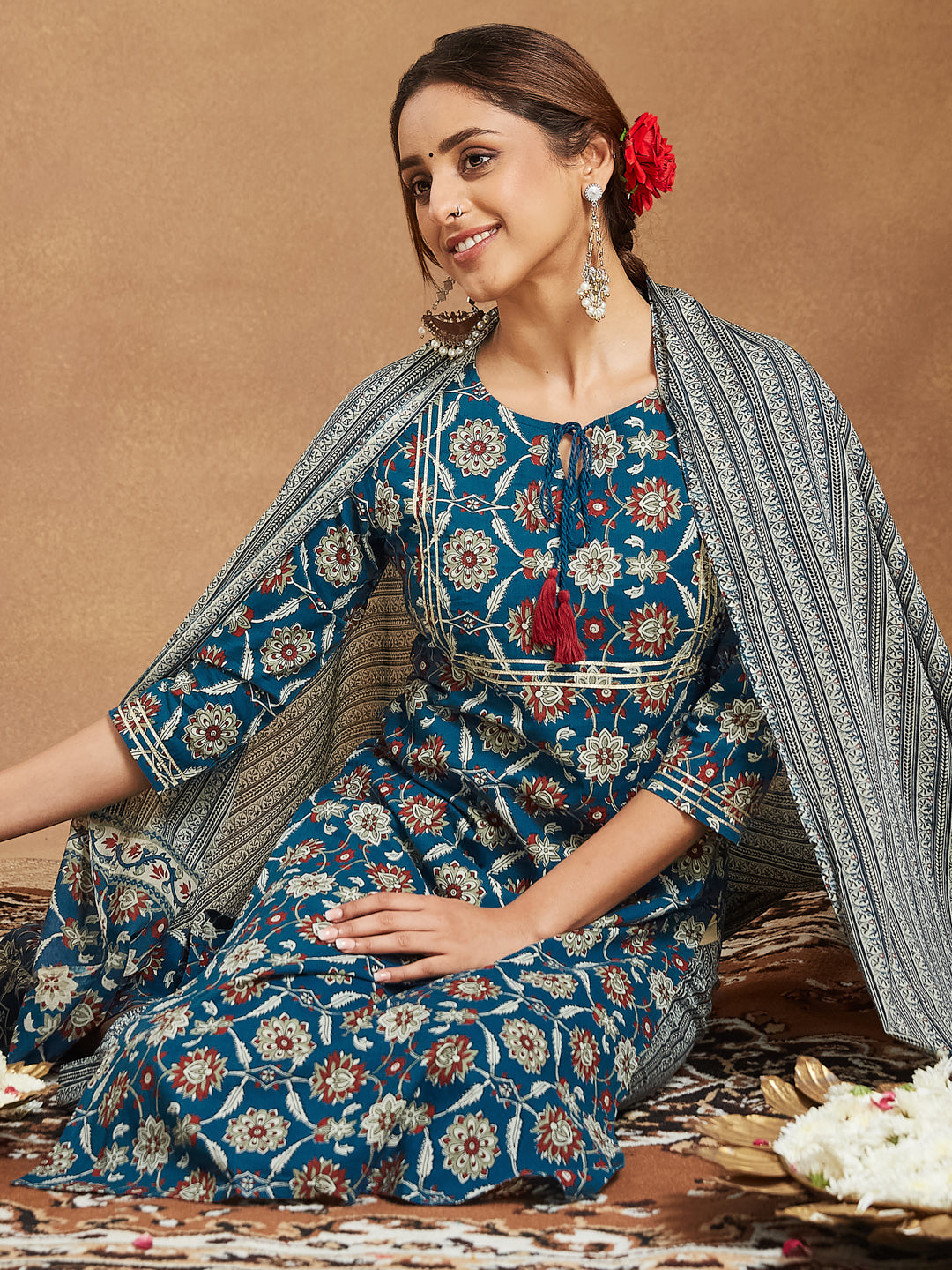 Janasya Bright Cotton Floral Straight Kurta Set | Swadesiicart