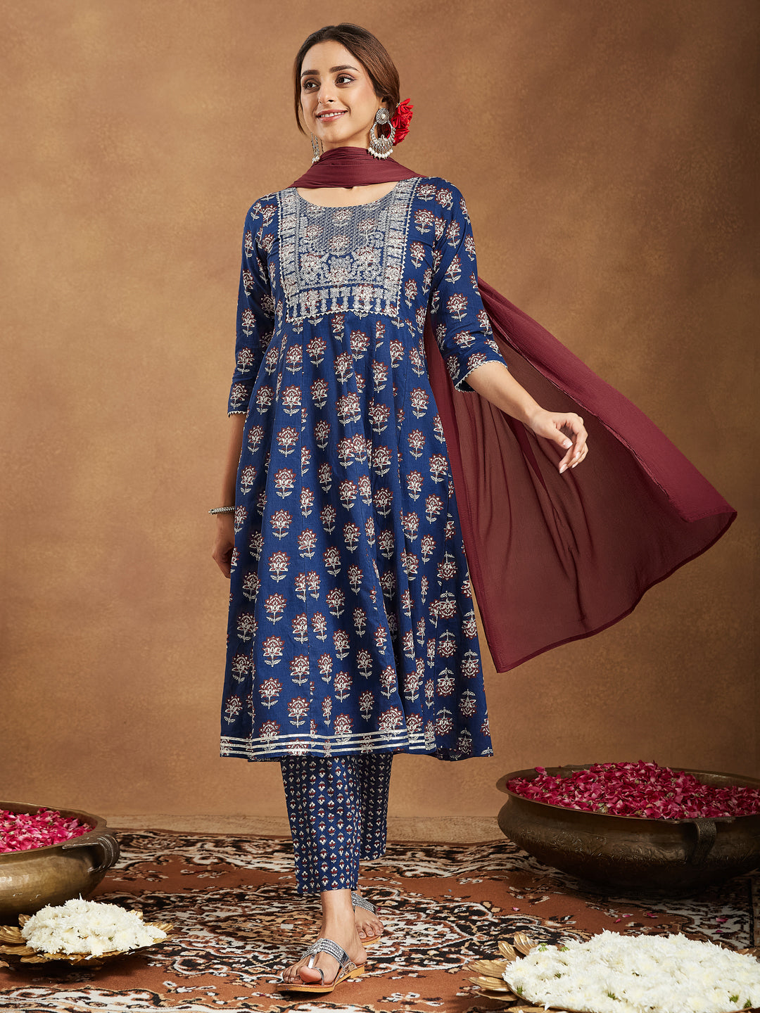 Janasya Dark Cotton Floral Anarkali Kurta Set | Swadesiicart