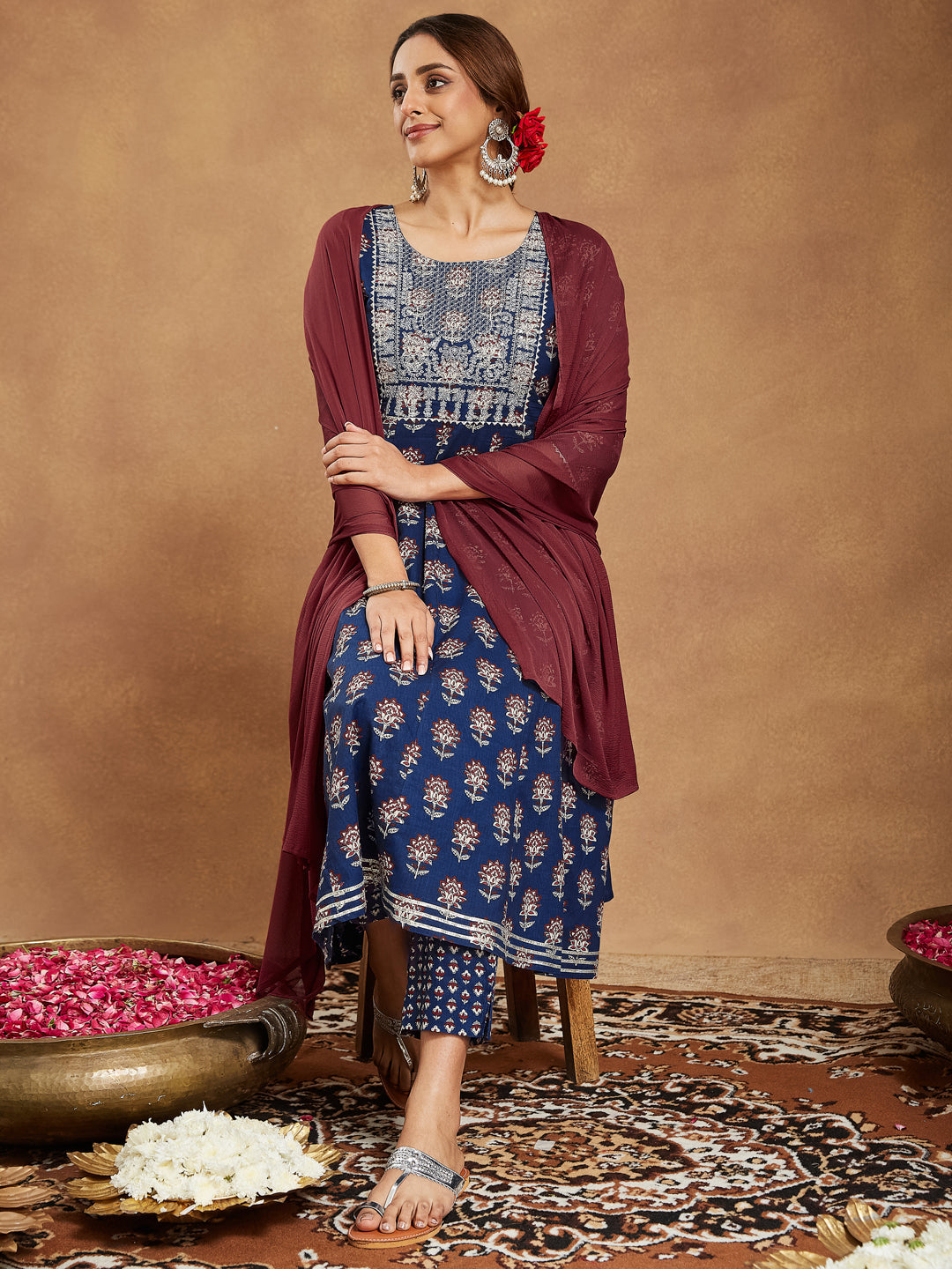 Janasya Dark Cotton Floral Anarkali Kurta Set | Swadesiicart