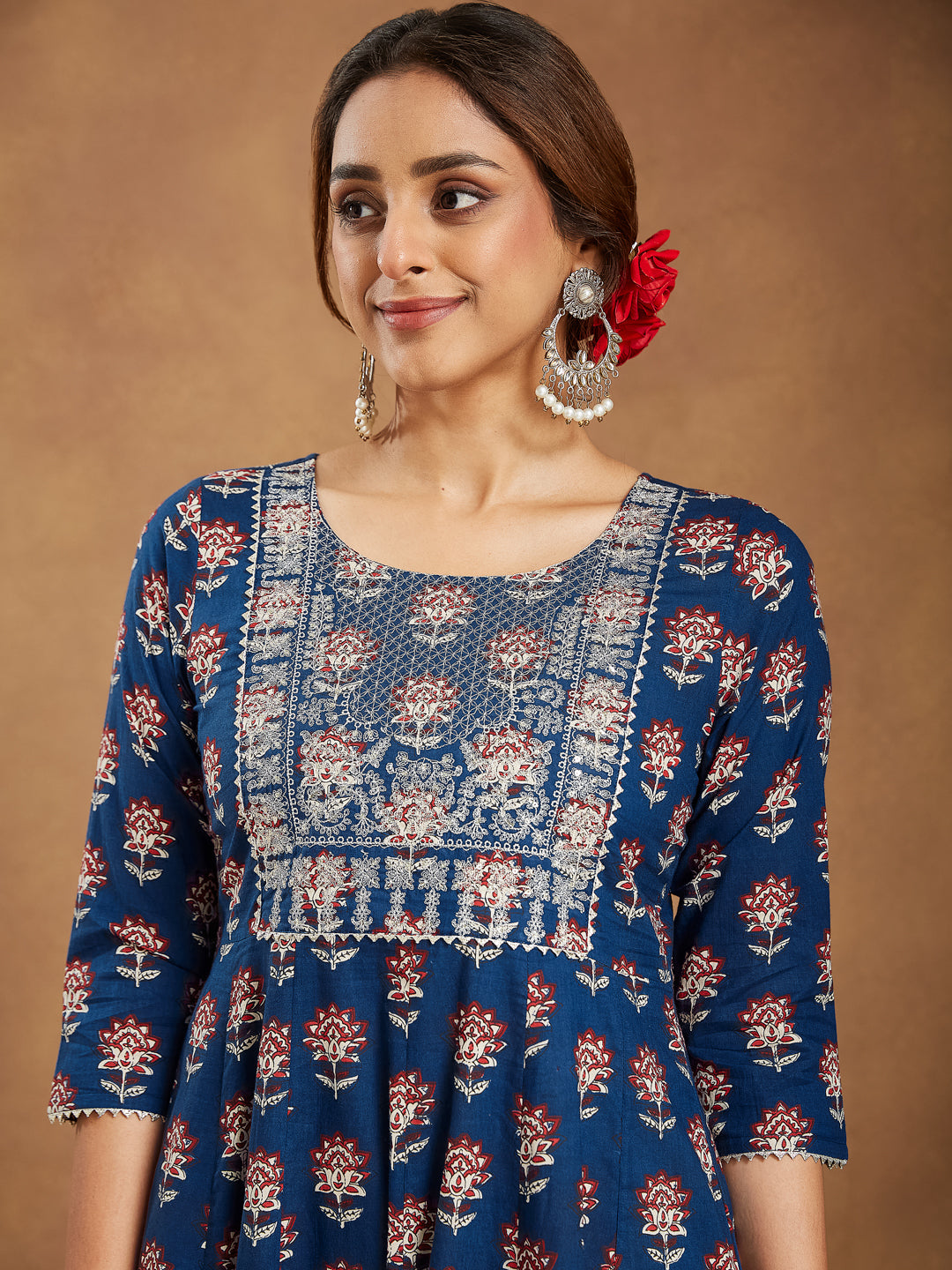 Janasya Dark Cotton Floral Anarkali Kurta Set | Swadesiicart