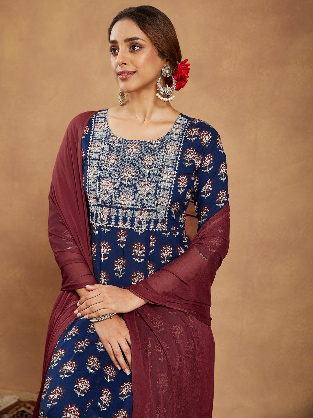 Janasya Dark Cotton Floral Anarkali Kurta Set | Swadesiicart
