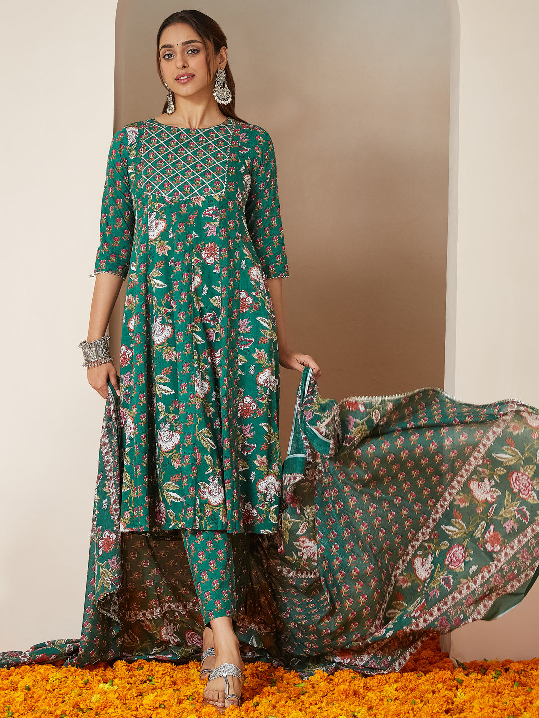 Janasya Bright Cotton Floral Anarkali Kurta Set | Swadesiicart