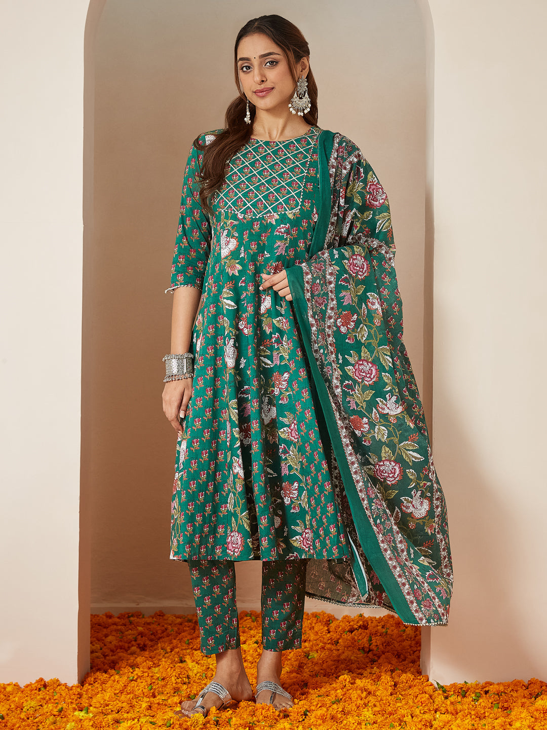 Janasya Bright Cotton Floral Anarkali Kurta Set | Swadesiicart