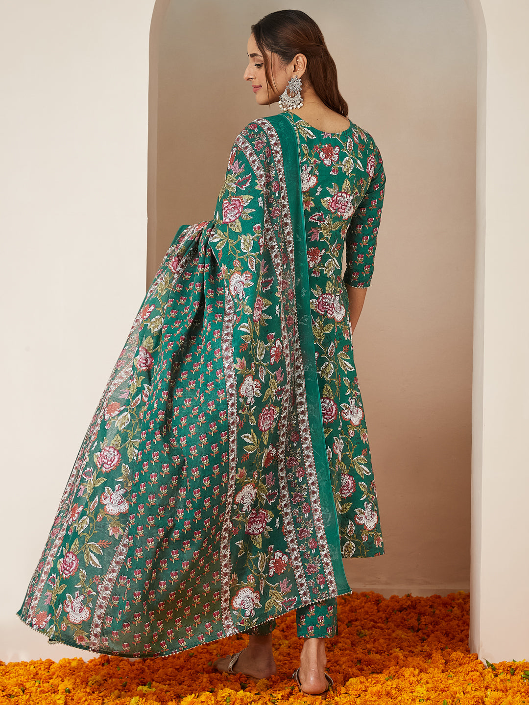 Janasya Bright Cotton Floral Anarkali Kurta Set | Swadesiicart