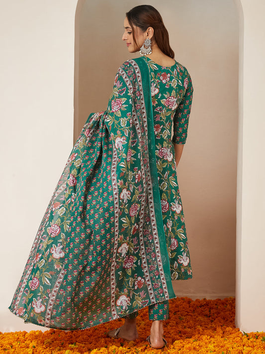 Janasya Bright Cotton Floral Anarkali Kurta Set | Swadesiicart