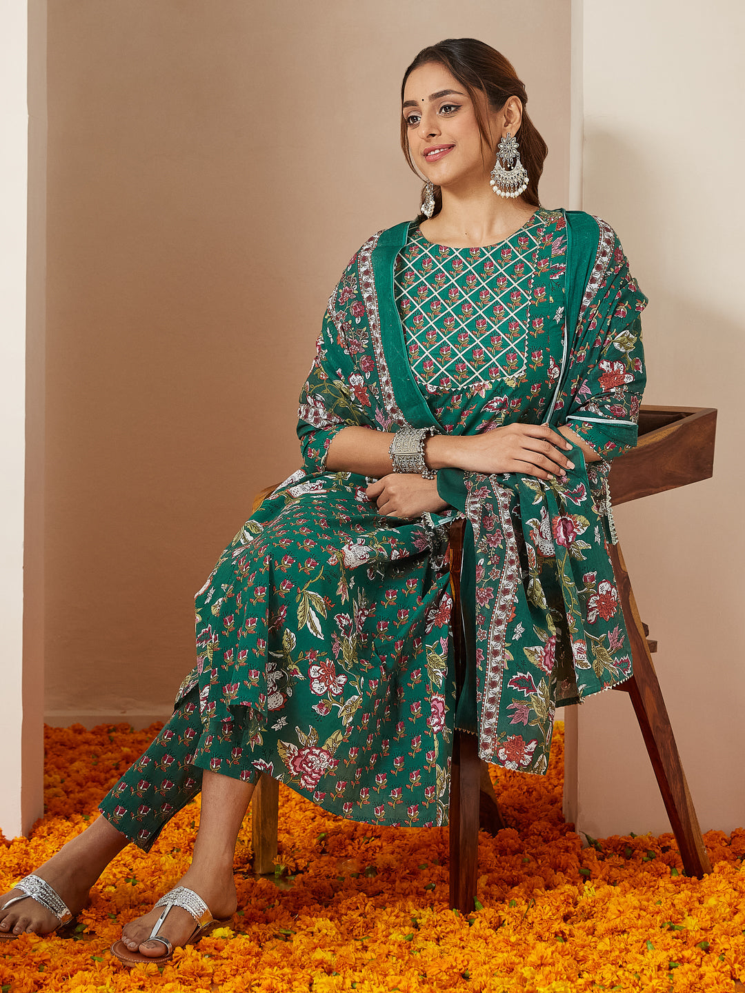 Janasya Bright Cotton Floral Anarkali Kurta Set | Swadesiicart