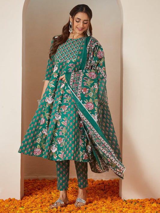 Janasya Bright Cotton Floral Anarkali Kurta Set | Swadesiicart