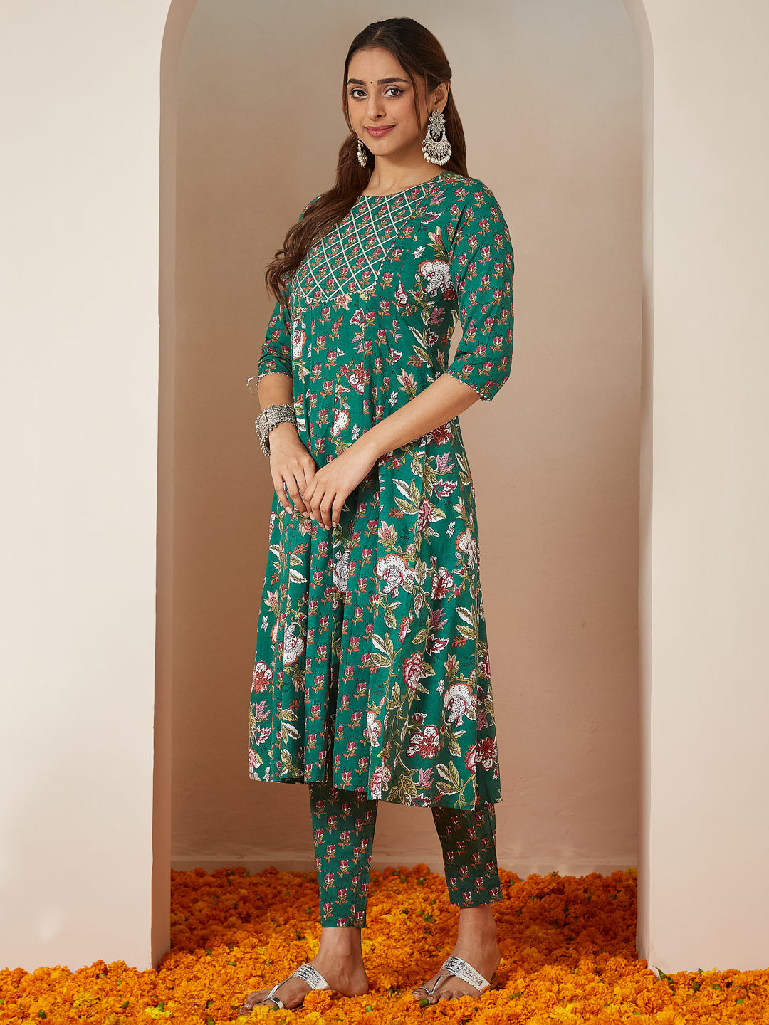 Janasya Bright Cotton Floral Anarkali Kurta Set | Swadesiicart
