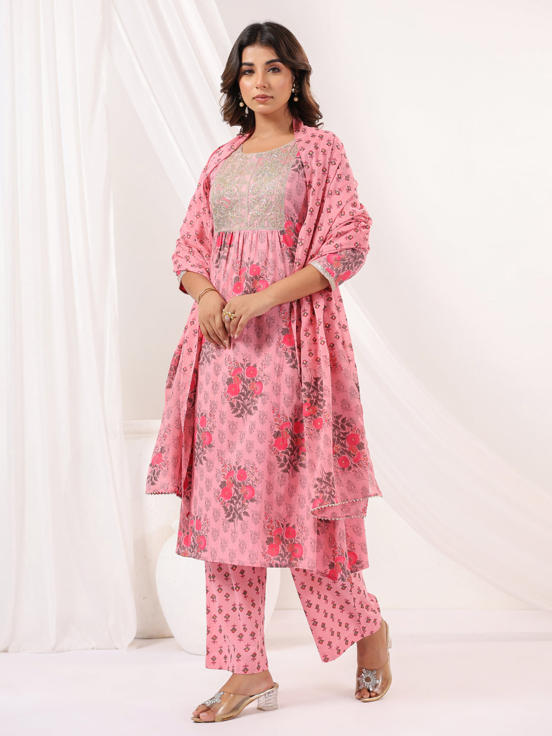 Janasya Light Cotton Floral A-Line Kurta Set | Swadesiicart
