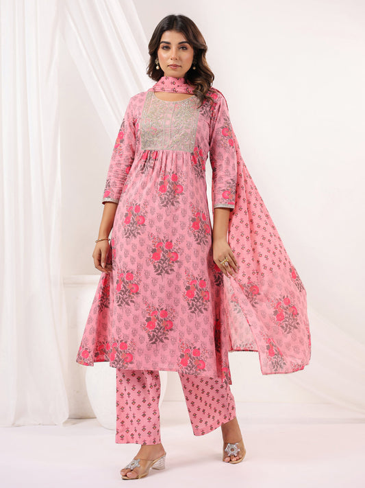 Janasya Light Cotton Floral A-Line Kurta Set | Swadesiicart