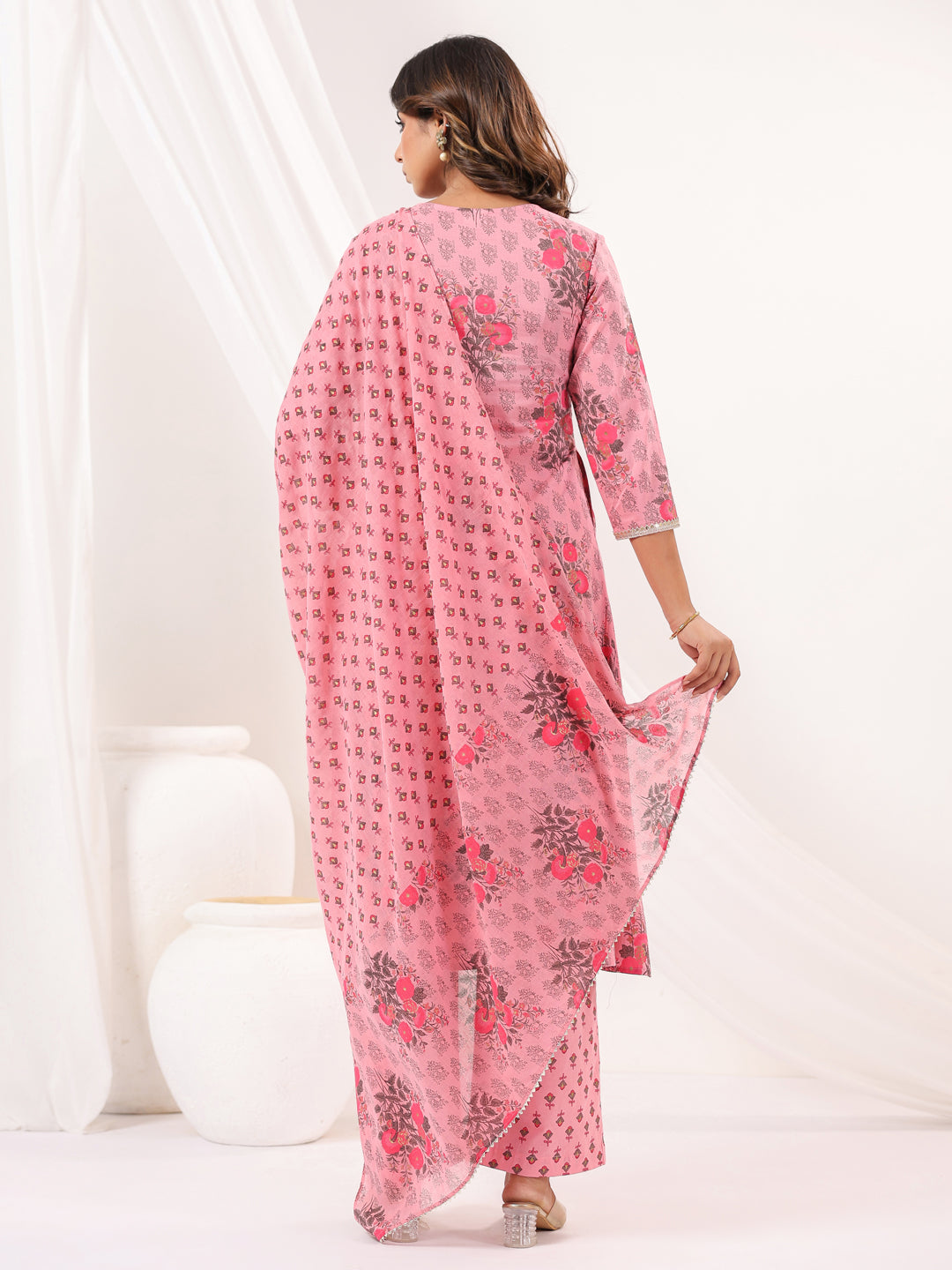 Janasya Light Cotton Floral A-Line Kurta Set | Swadesiicart